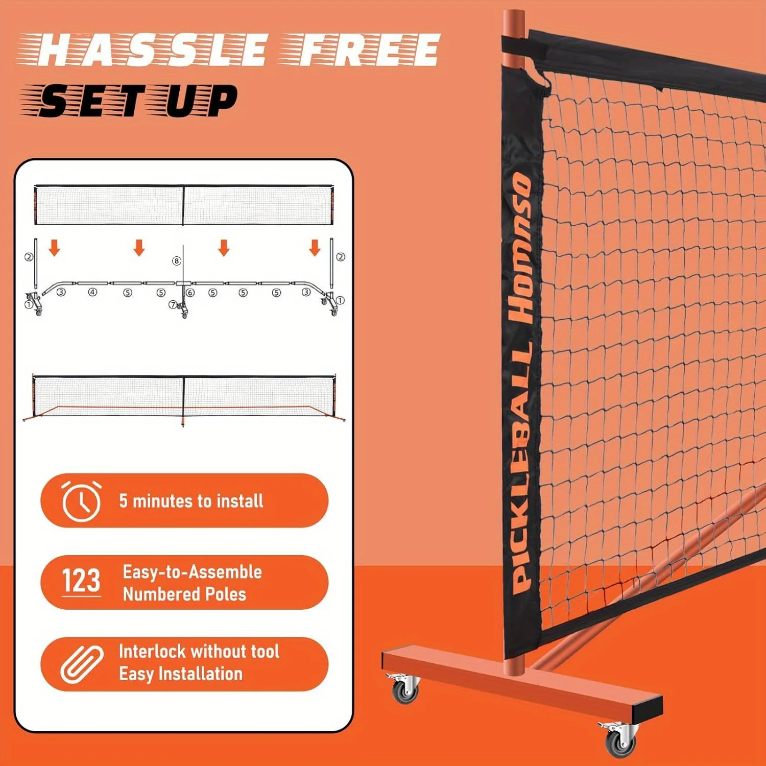 22FT HomPickleball Net Full Court Size Homnso Portable Pickleball Net with Wheels, Durable Steel Construction Strong PE Mesh Net