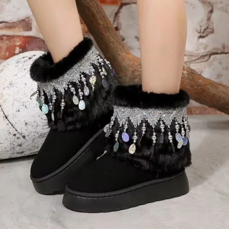 

Beading Tassel Snow Boots 2025 Winter Plush Warm Short Boots Girls Fashion Bling Thick Bottom Casual Boots Students Cotton Shoes