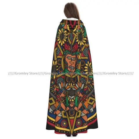 Unisex เสื้อคลุมฮาโลวีนสีสันปฏิทินมายัน Aztec Mandala Cape Hooded ยุคกลางเครื่องแต่งกายแม่มด Wicca แวมไพร์