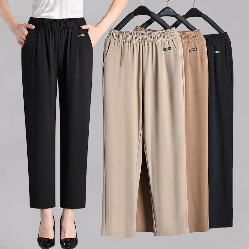 Calças Casuais de Aodão e Linho de Cintura Alta, Finas, Elásticas, com Pernas Retas, Estilo Mãe, Calças Longas de Nove Pont...