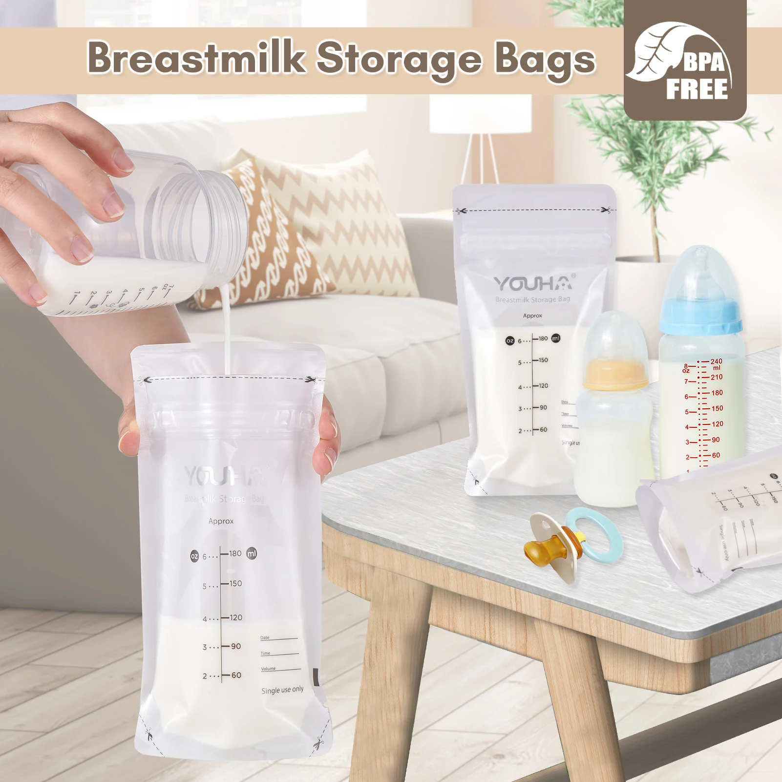 YOUHA Breastmilk Storage Bags Milk Storing Bags for Breastfeeding 180ml/6oz Capacity Pre-Sterilized BPA Free Double Zipper Seal