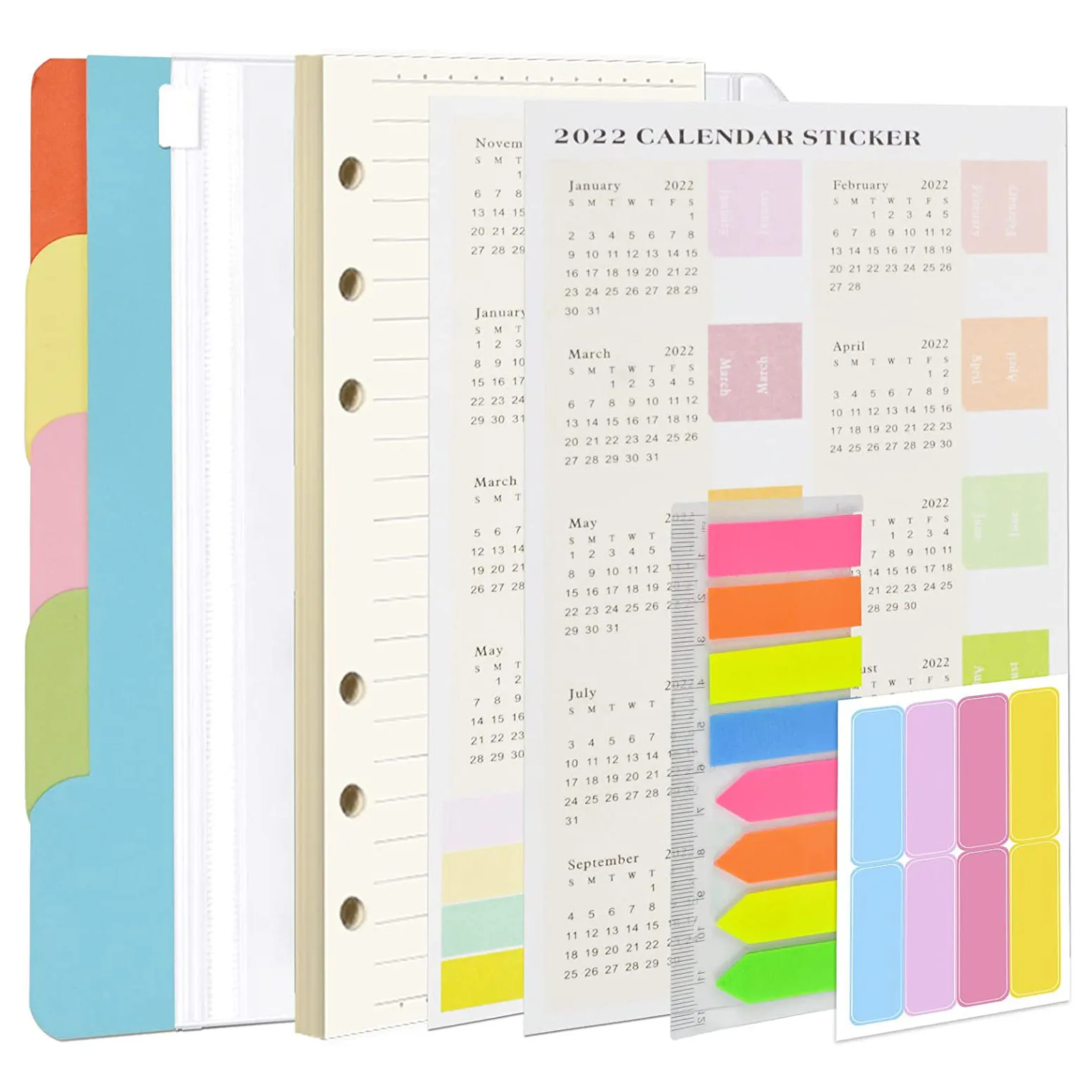 

A5 Binder Planner Notebook-5 File Divider,45 Sheets Loose Leaf Paper,160 Neon Page Marker, 2 Calendar Stickers, Binder Pocket