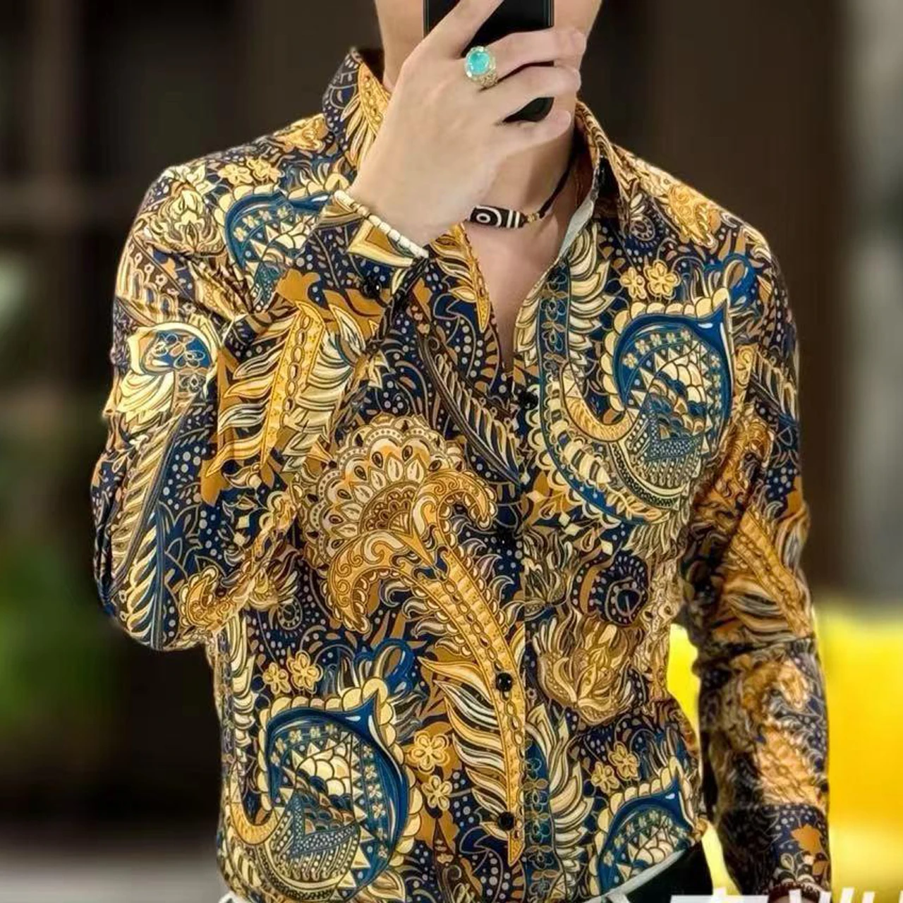 

Flower Shirt Men Camisa Hombre Street Long Sleeve Shirt For Men Fashion Paisley Print Shirt Men Party Fall Gold Printing Shirt