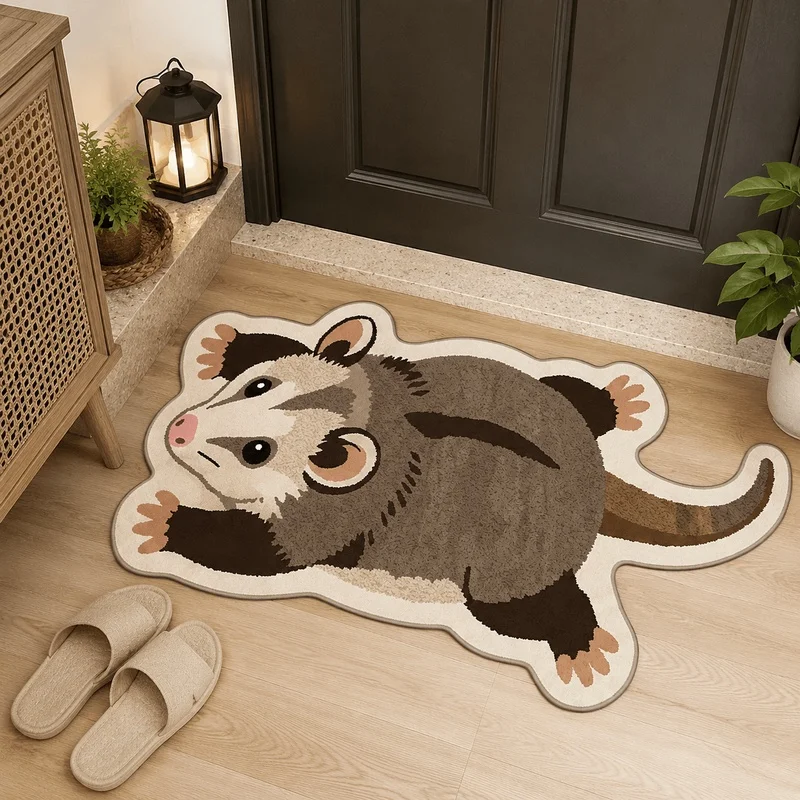 VIKAMA Plush Opossum Door Mat Anti-Slip Soft Cartoon Bathroom Carpet Suitable for Bedroom Bathroom Foyer Home Decor