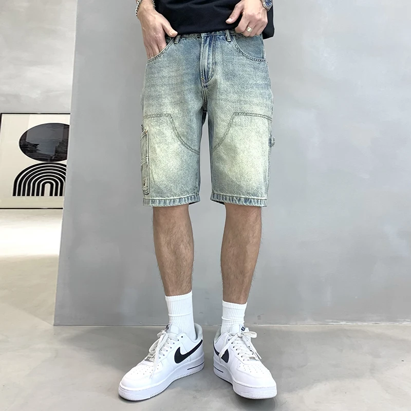 Tooling Style Denim Shorts Men's Summer Loose Straight Retro High-End Trendy Fashion Joker Casual Distressed Cropped Pants