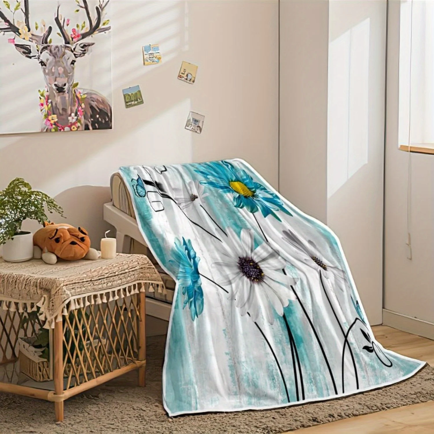 Rustic Farmhouse Teal Daisy & Butterfly Throw Blanket - Blue Flannel Bedding, Soft Country Style Floral Design for All Seasons