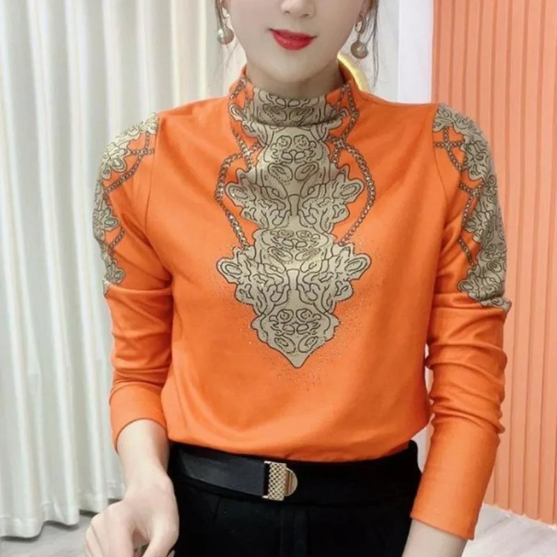 Women's 2023 Autumn and Winter Pullover Long Sleeve T-shirt All-match Fashion Printed Diamonds Half High Neck Slim Underlay Tops