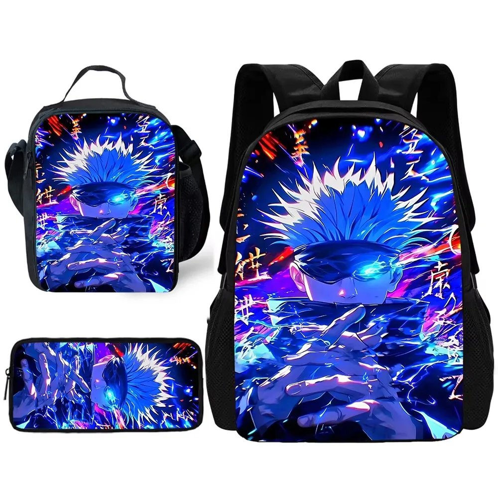 أنيمي J-jujutsus Kaisens 3-قطعة مجموعة حقيبة المدرسة مع علب الاغذية مقلمة طالب لطيف الكتب الفتيات الفتيان المراهقين حقيبة مدرسية