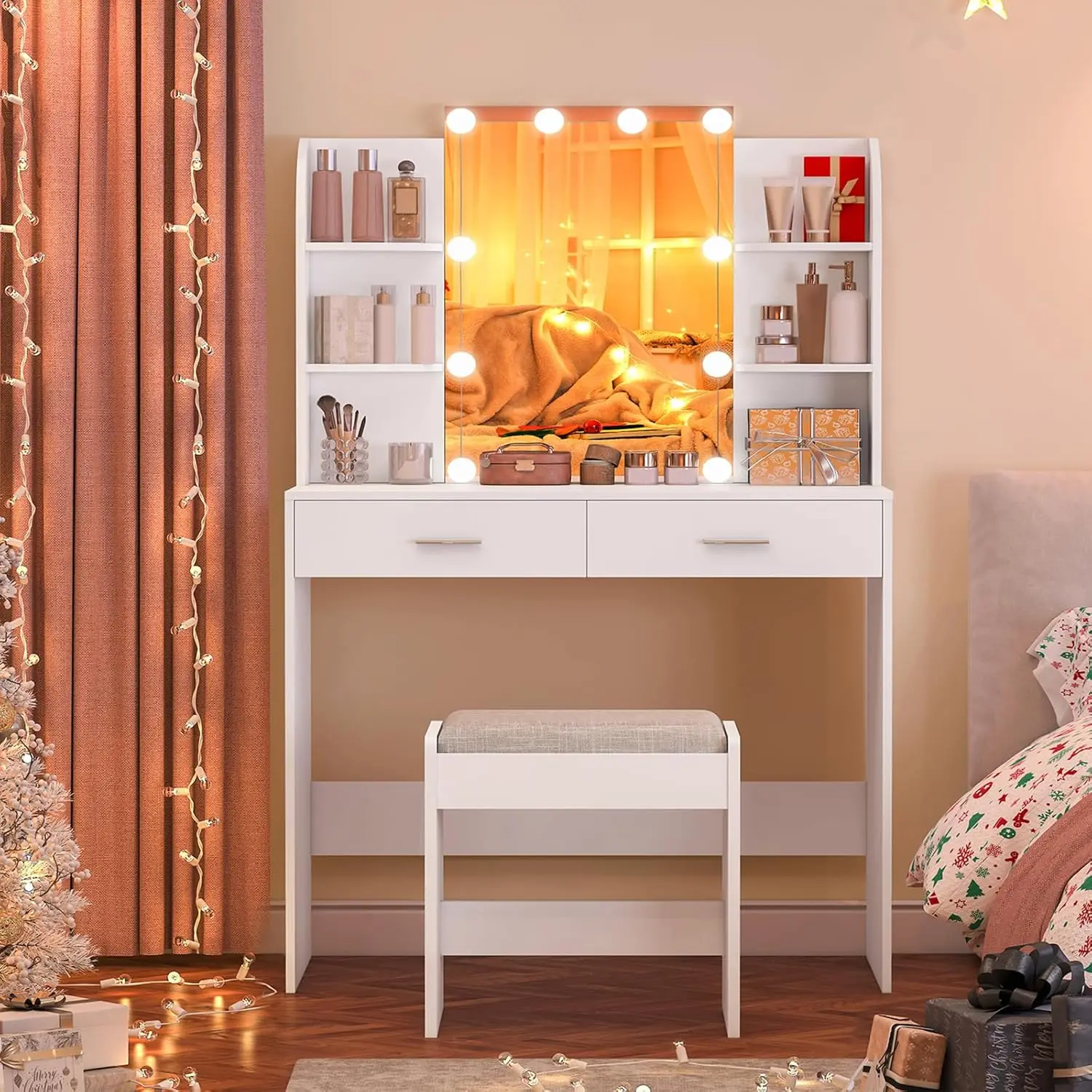 usikey Vanity Desk with Mirror & Lights, Makeup Vanity Table with 2 Large Drawers, 6 Storage Shelves & Stool, Bedroom Dressing