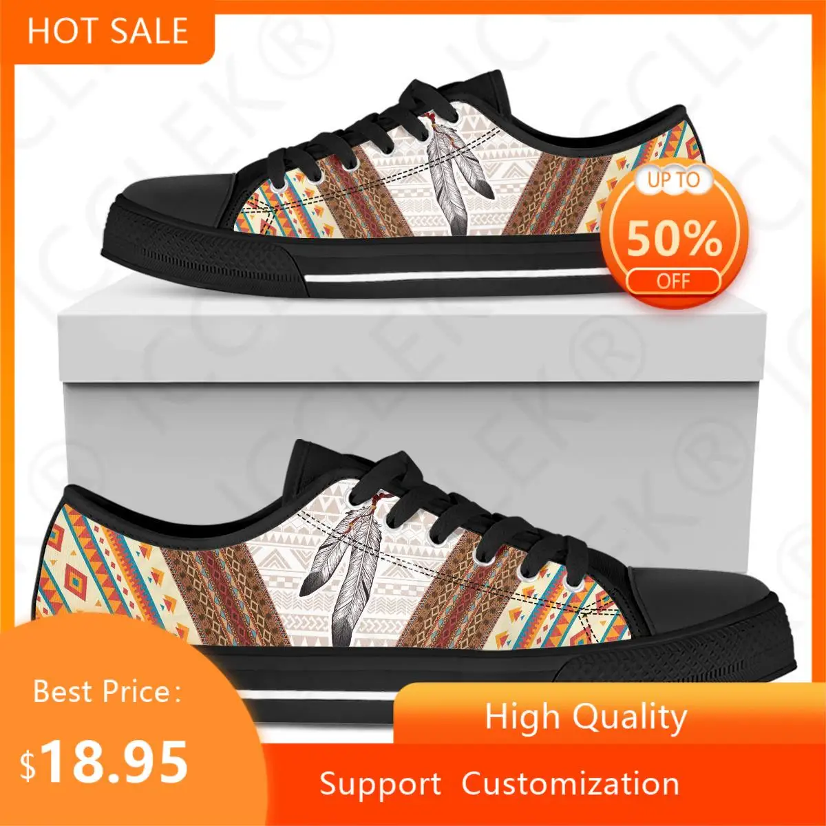 Hot Trendy Black Soft Sole Casual Sneakers Tribal Ethnic Print Lightweight Popular Low Top Mens Womens Shoes Canvas Shoe