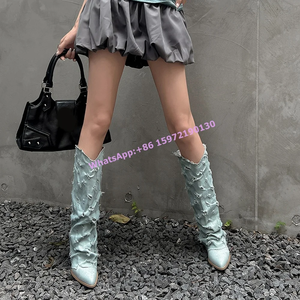 Hollow Light Blue Boots Pointy Toe Chunky Heels Slip On Solid Distress Turn Over Edge Shoes Hotties Street Style Knee High Boots