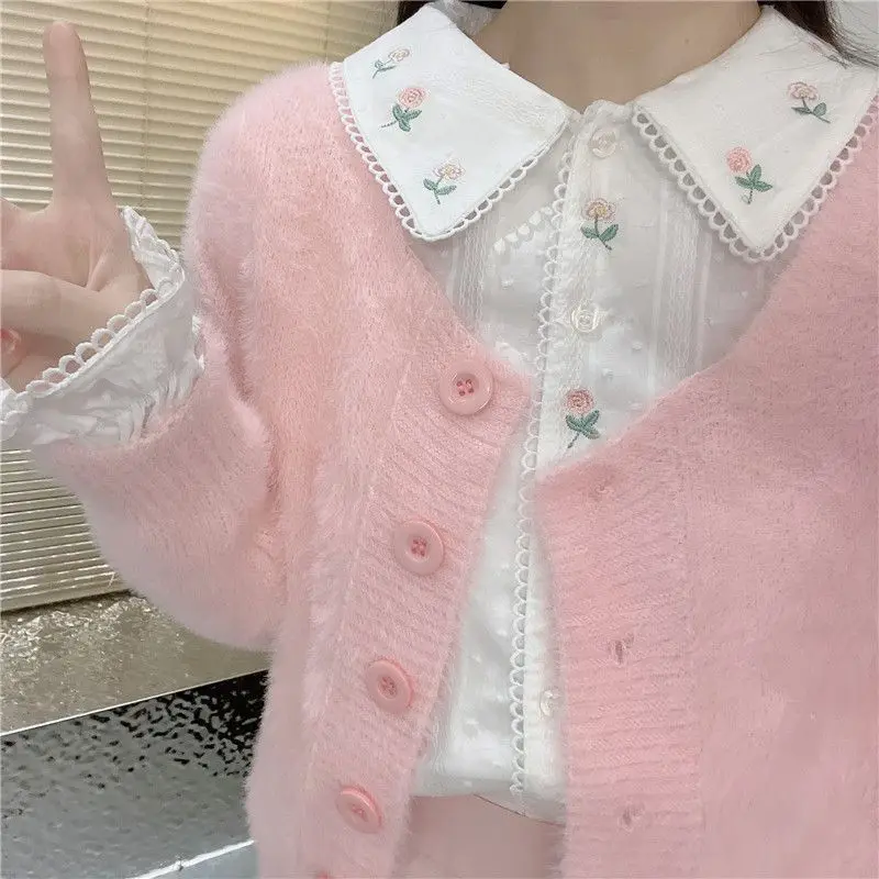 Sweet Lolita Cotton Blouses Women Peter Pan Collar Floral Rose Embroidery Lace Neck Cute Shirts Tops Long Sleeve Kawaii Clothes