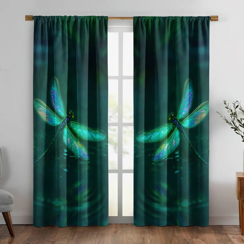 Decorative Dragonfly Curtains Green Nature Print Drapes for Living Room Bedroom Waterproof Window Treatments Panel Decor