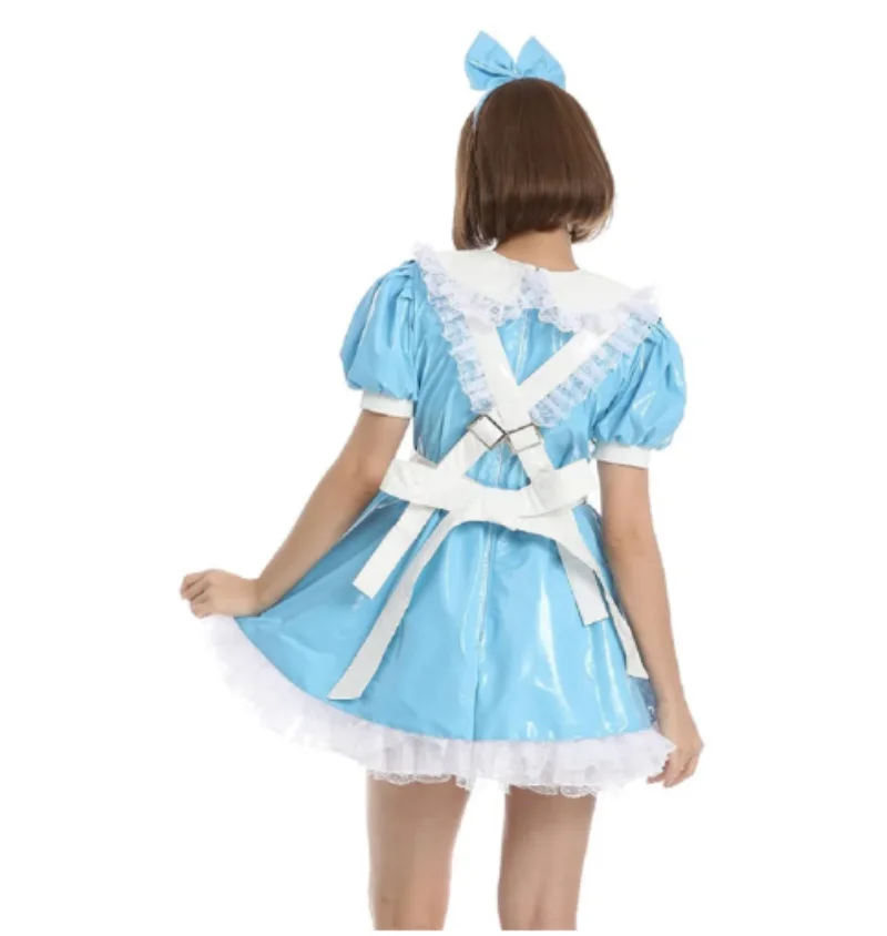 French Sexy Adult Customized Fetishism Crossdressing Sissy Sky Blue Cute Doll Neck Fluffy Bubble Sleeve Cross Strap Dress