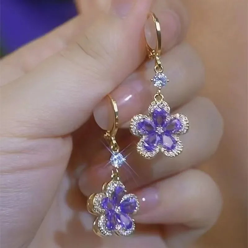 Exquisite Purple Zircon Flower Pendant Earrings For Women Fashionable Personalized Daily Accessory Party Jewelry Birthday Gifts