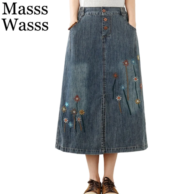 Masss Wasss Summer Womens Fashion Classic Loose Leisure Denim Skirts Vintage Embroidery Ladies Floral Streetwear Korean Clothing
