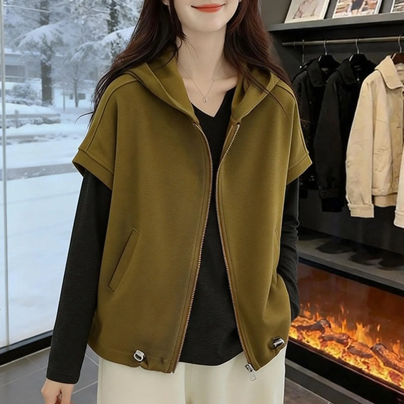 Korean Version New Simple Versatile Zipper Drawstring Splicing Design Cardigan Vest 2026 Loose Women's Clothing