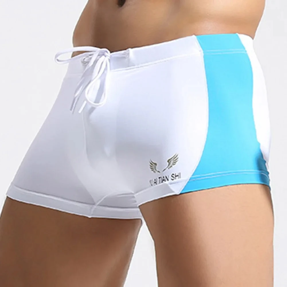 Men's Fashion Sexy Nylon Color-Block Swimming Trunks Summer Ice Silk Mid-Rise Drawstring Boxer Swimwear Hot Spring Bathing Suits