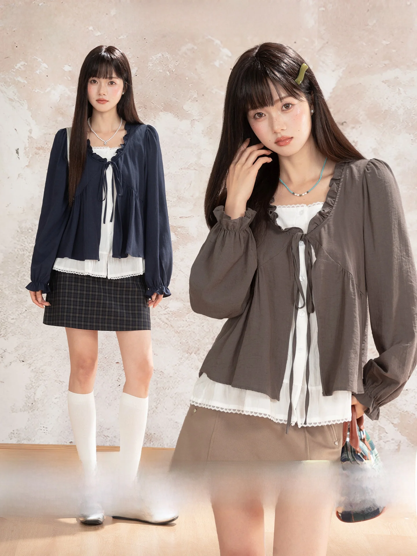 

Loveheynew Casual Sle V-Ne Fake Two-Piece irt Women Loose Design Sense Layered Top Wood ain Autumn Collection