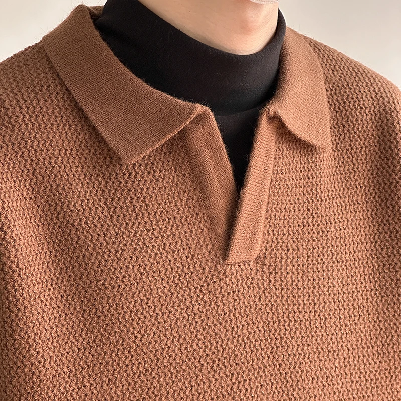 Herbst Winter Koreanischen Stil männer Revers Polo Shirts Pullover Pullover Vintage Lose Innere Layered V-ausschnitt Strickwaren Pullover Jumper – Detail 5