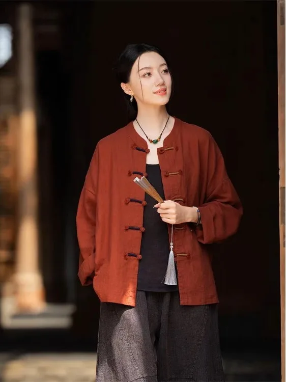 신상 중국 스타일 여성 봄 가을 면 린넨 태극복 버튼 카디건 세트 루즈핏 롱 슬리브 캐주얼웨어