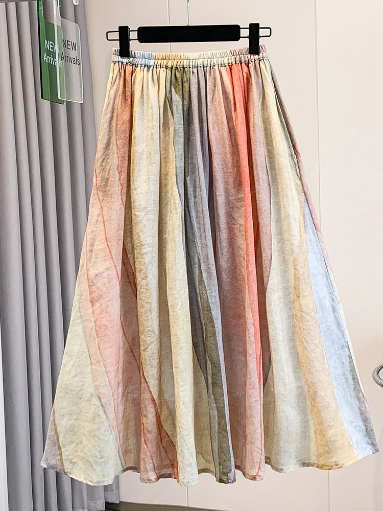 Retro Artistic High Waist Slimming Half Skirt Women's Summer Unique Design Loose Long Dress Trendy Rainbow Stripe Pleated Skirt