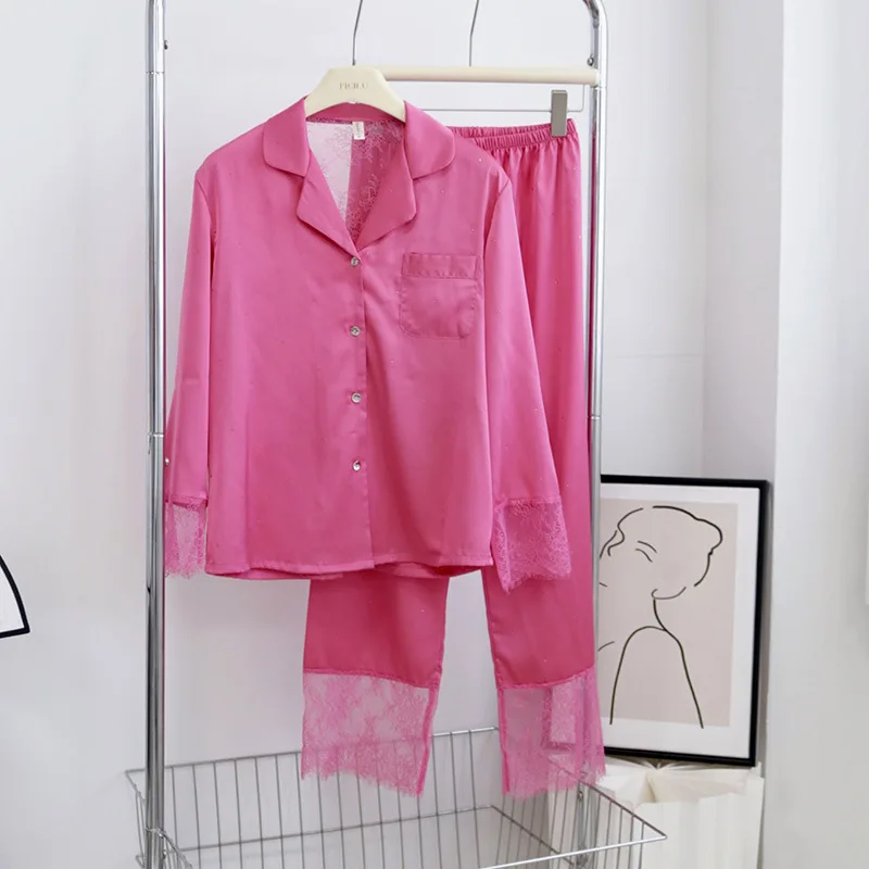 

Ice Silk Sleepwear Pajamas Suit Women Long Sleeve Loungewear Sexy Lace Patchwork Nightwear Loungewear 2Pcs Sleep Set Outwear