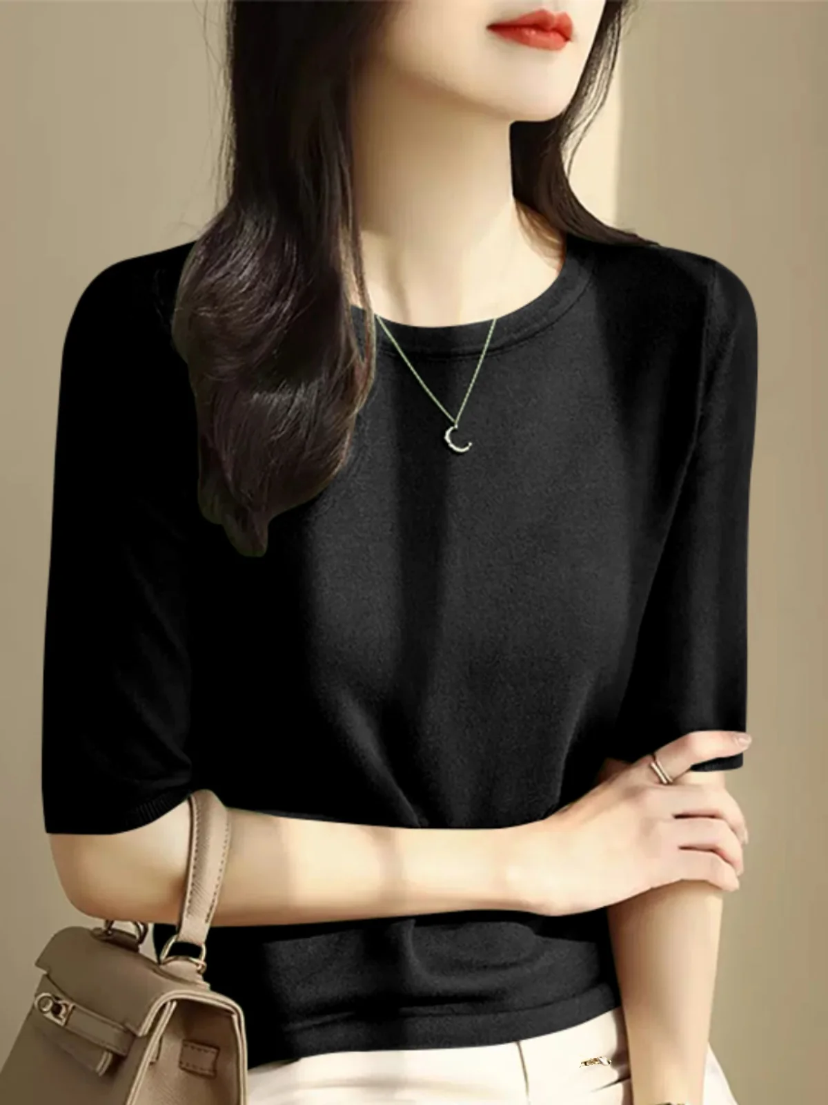 Top a Cinque Maniche Effetto Snellente in Modal per Donna, Moda Primavera Autunno, Taglie Forti, Trendy