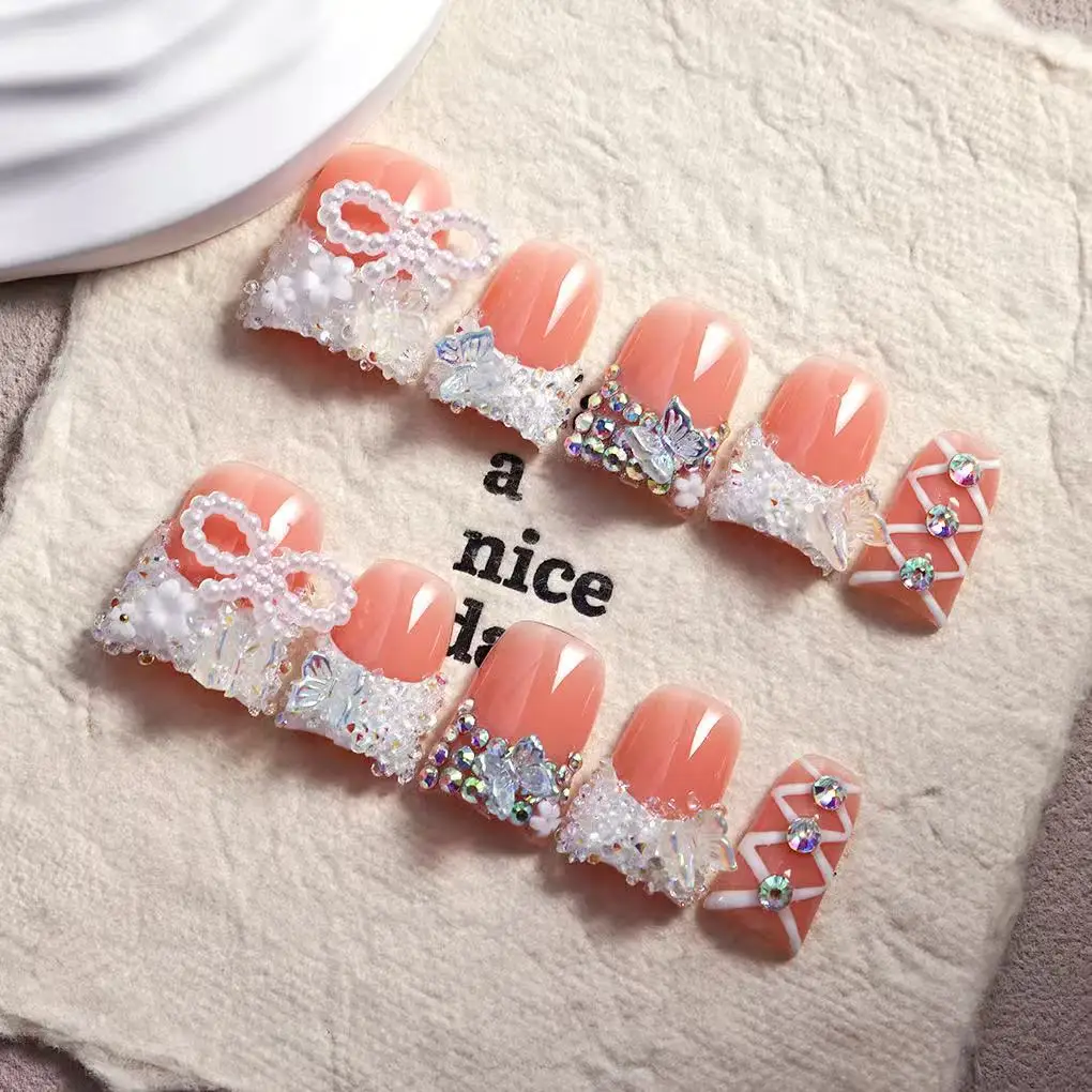 10pcs high-end The ice is crystal clear and the diamonds are glittering handmade coffin French tips fake nails