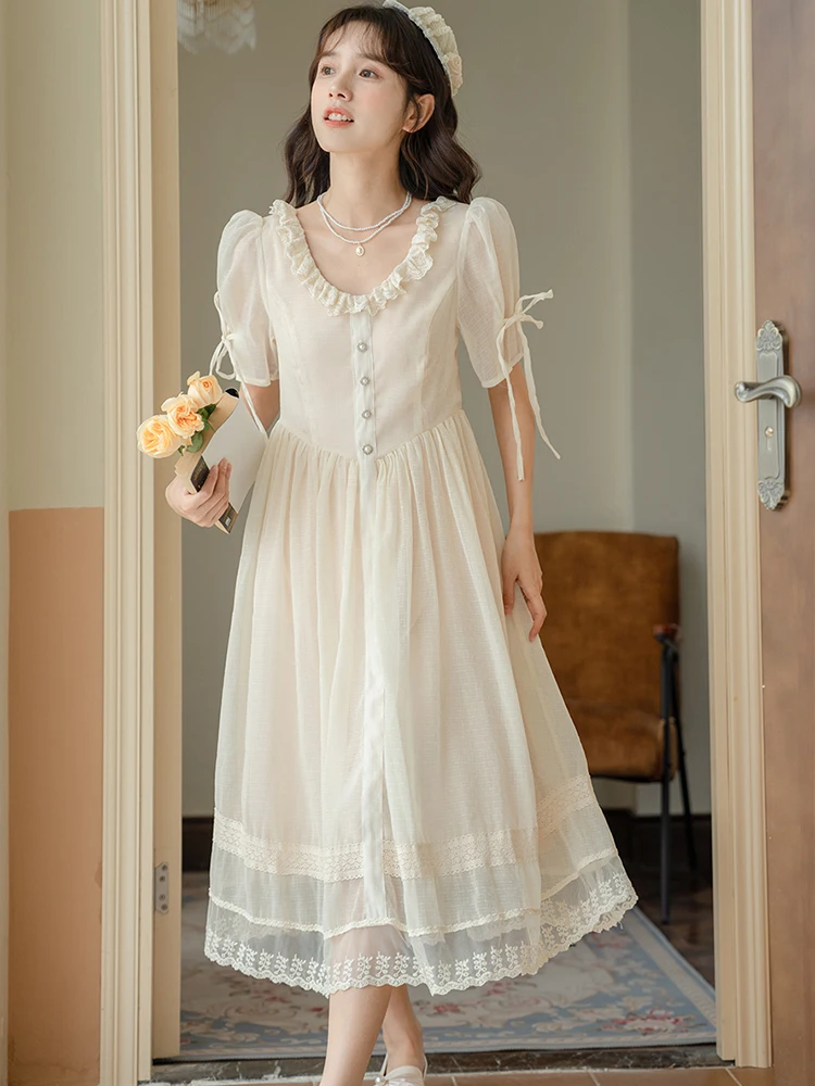 

White Chiffon Patchwork Lace Embroidery Luxury Long Dress Women Summer Elegant Ruffled Collar Casual Dress 2024 Korean Vestidos