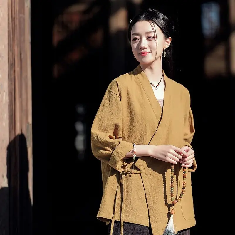 

Women's Vintage Zen-inspired Loose-fitting Linen-blend Tie-front Hanfu Blouse Women's Zen Tea Attire