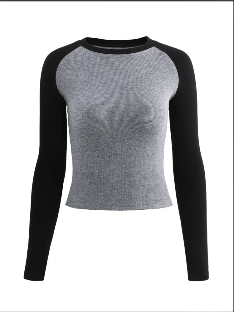 Color Blocked Raglan Sleeve Top Round Neck Long Sleeved Slim T-shirt Damski Casual Sports Autumn Y2K Pullover — zdjęcie 5
