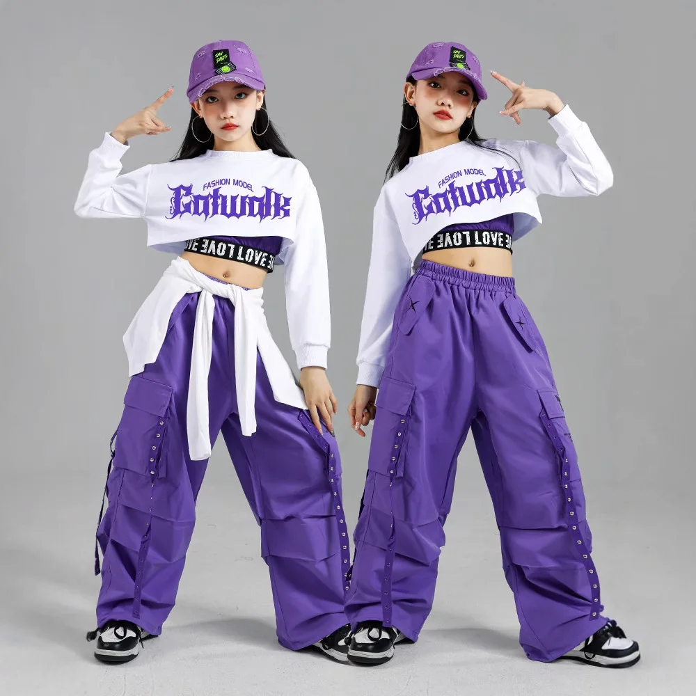 힙합 소녀 K-pop 자르기 탑 보라색 카고 바지 어린이 거리 댄스 복장 어린이 streetwear 그룹 재즈 의류 세트