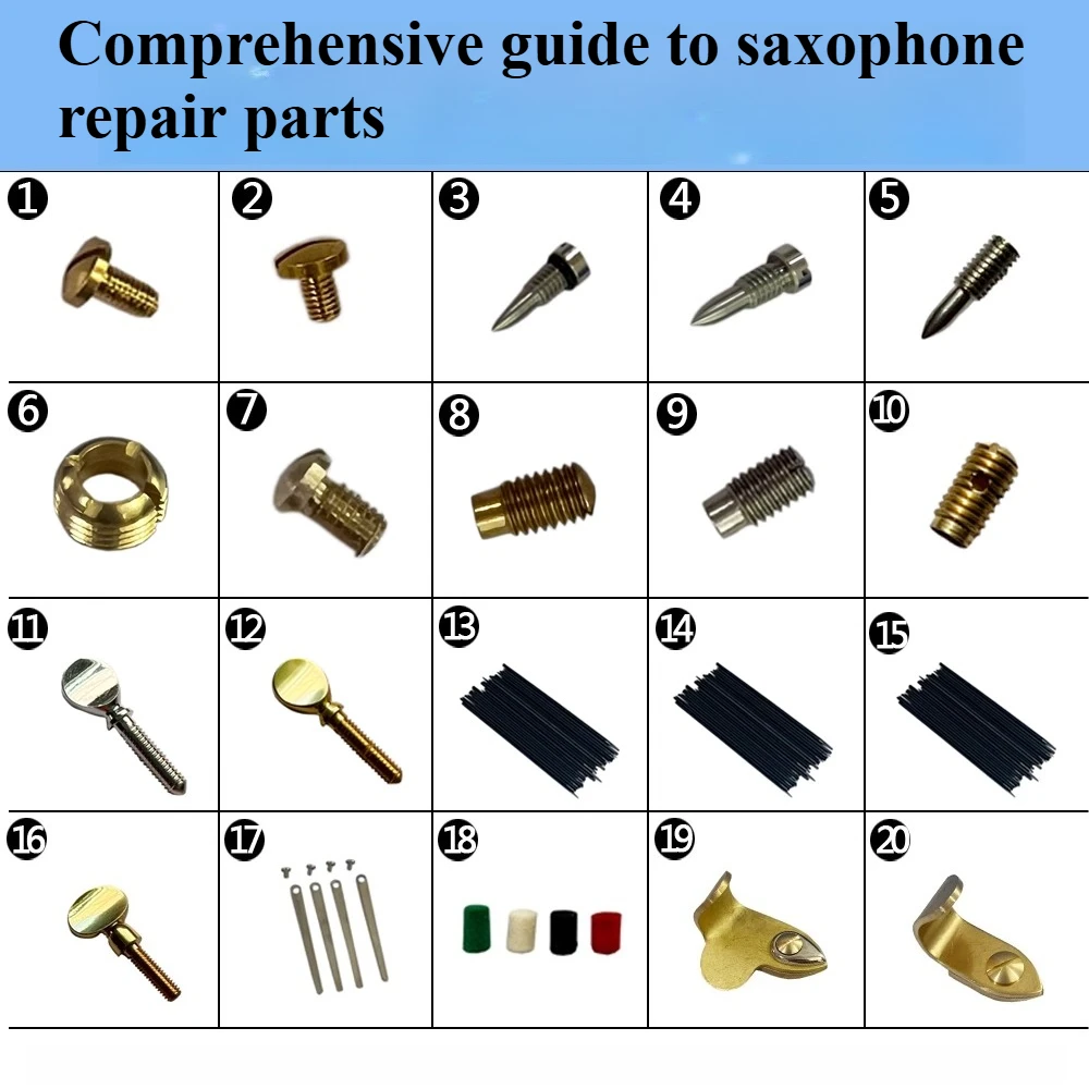 

Complete guide to alto, soprano, and baritone saxophone accessories, including reeds, screws, and instrument repair parts.