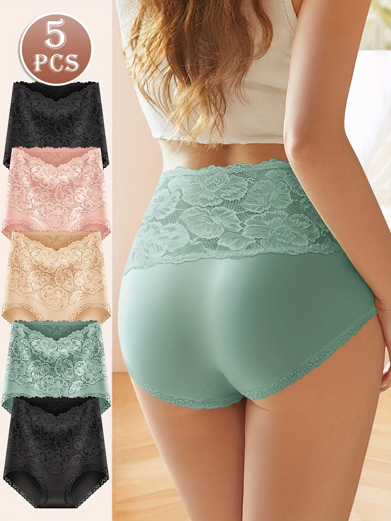 

5 шт. женские трусики больших размеров с высокой талией для контроля живота, кружевом с цветочным принтом, комфортной посадкой и подтяжкой ягодиц