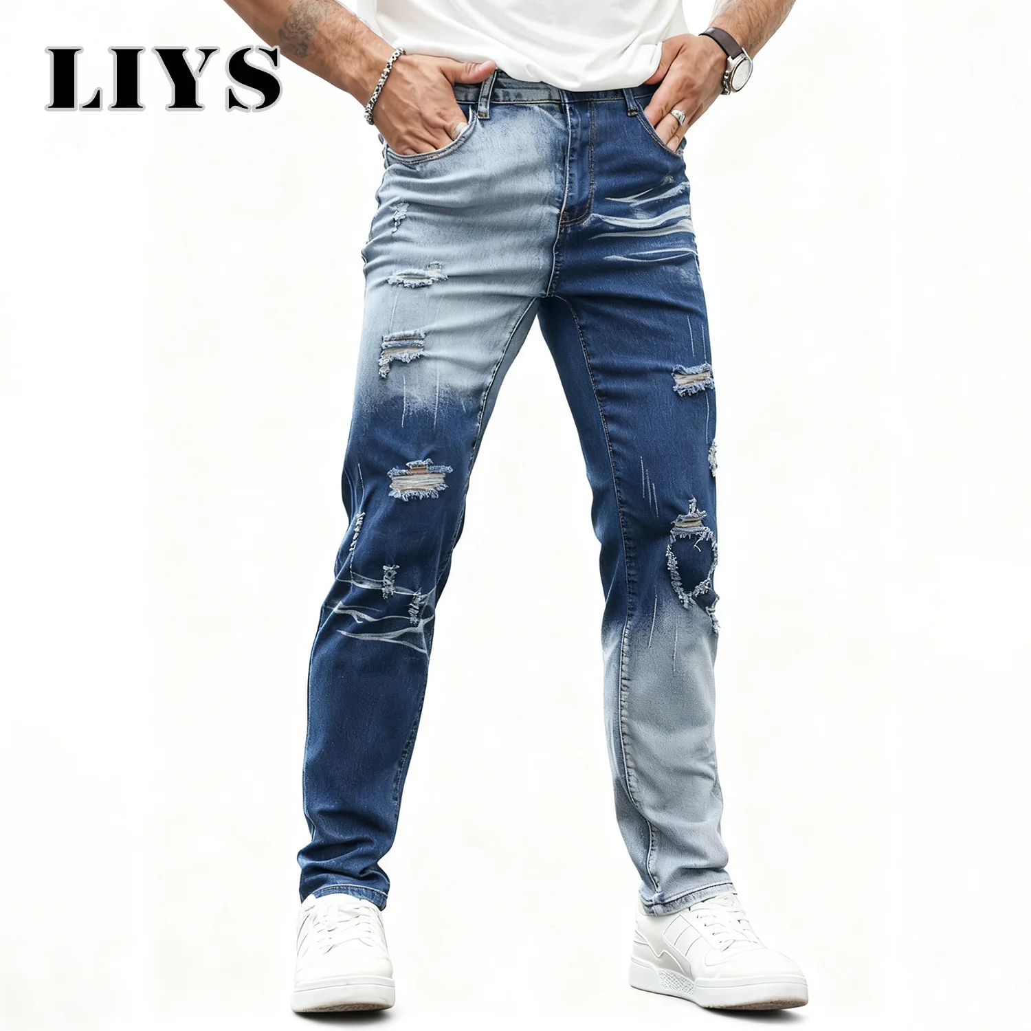 بنطال جينز رجالي مخصص بلون الشارع ومزين بقطع القماش مستقيم ونحيف من قماش الدنيم عالي الجودة بنطال جينز مرن للفصول الأربعة