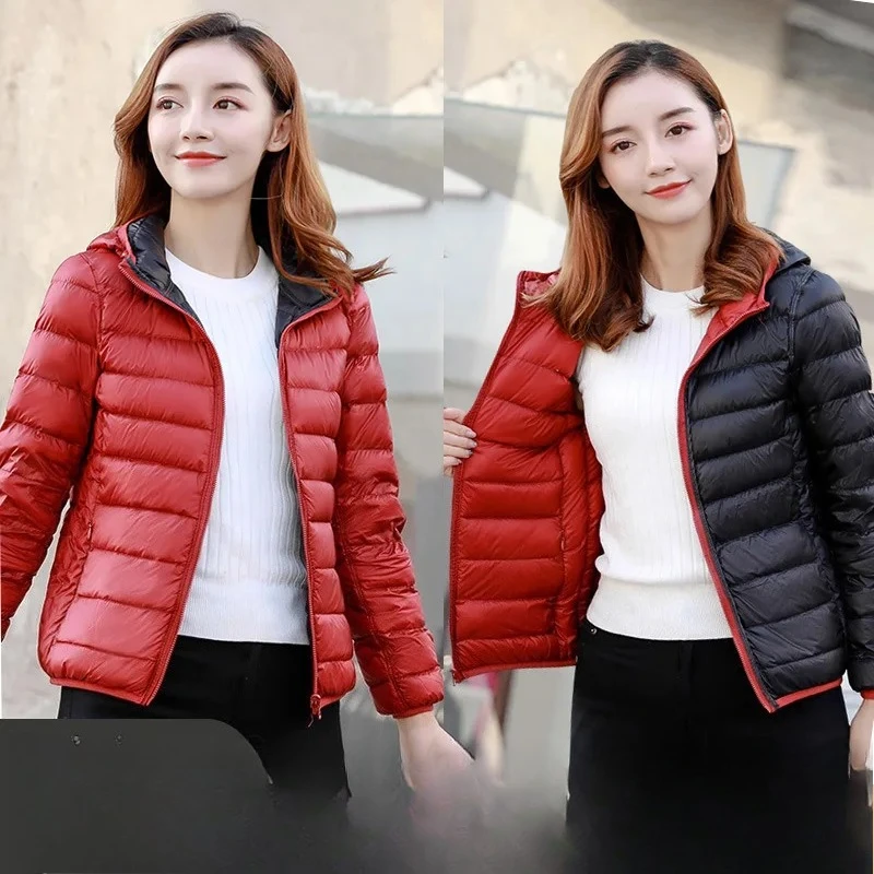 معطف بغطاء للرأس على كلا الجانبين يمكن ارتداء سترات منتفخة للنساء خفيفة الوزن وقابلة للعكس من ريش البط الأبيض سترة نسائية قصيرة #3