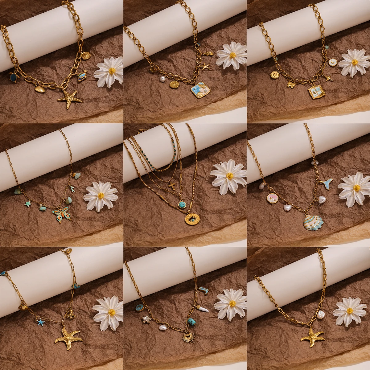 

SOVOB Beach Style Blue Series Necklaces For Women Stainless Steel Starfish Shell Charm Choker Necklace Woman Jewelry Accessories