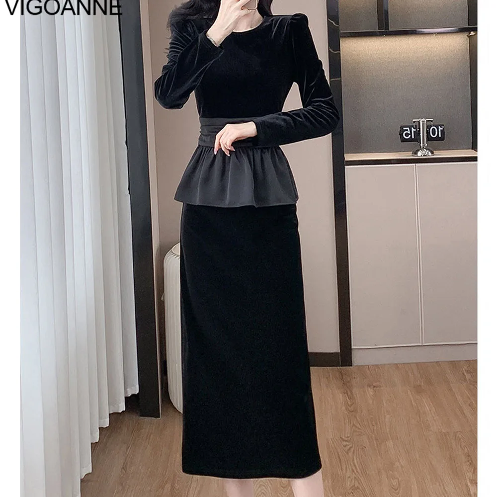 VigoAnne 2025 Solid Long Sleeve Top And High Waist Skirt 2 Piece Sets Woman Spring Autumn Korean Velvet Long Dress Suit Ladies