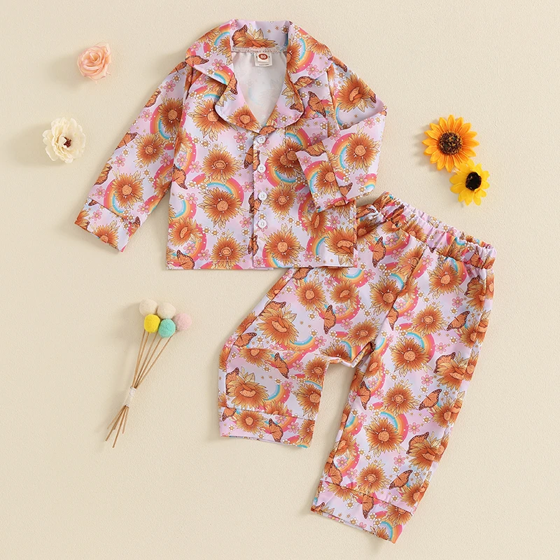 Kids Girls Autumn 2 Pieces Pajamas Sets Floral Print Button up Long Sleeves Tops and Elastic Pants Satin Loungewear Sleepwear image 5
