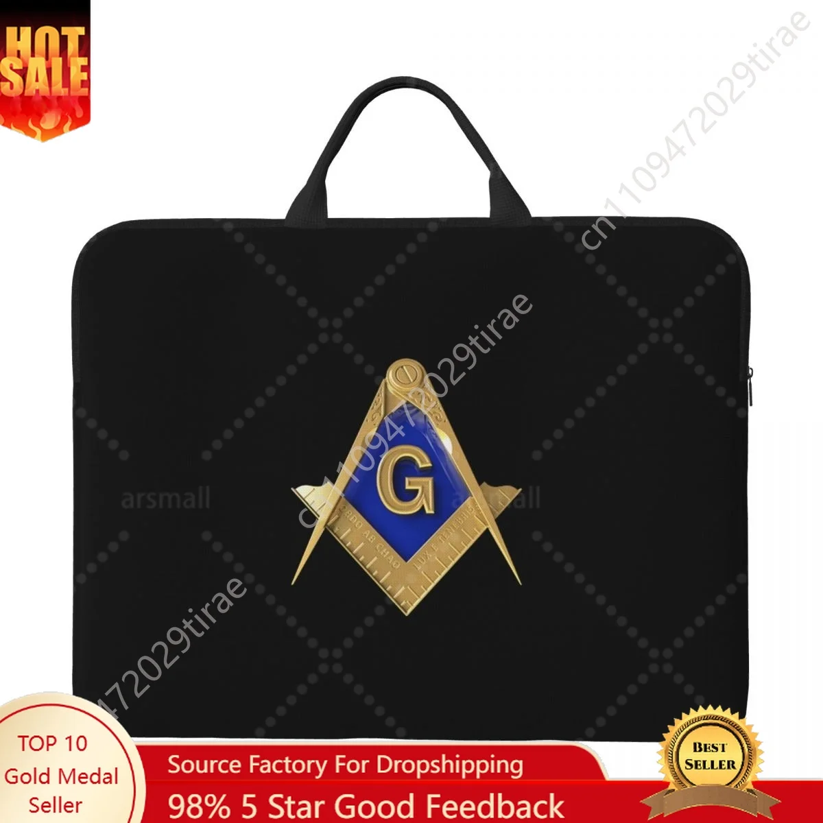 Gold Square Compass Masonic Laptop Bag Computer Bag Office Business Travel 14 Inch Water Resistant Large Laptop Case