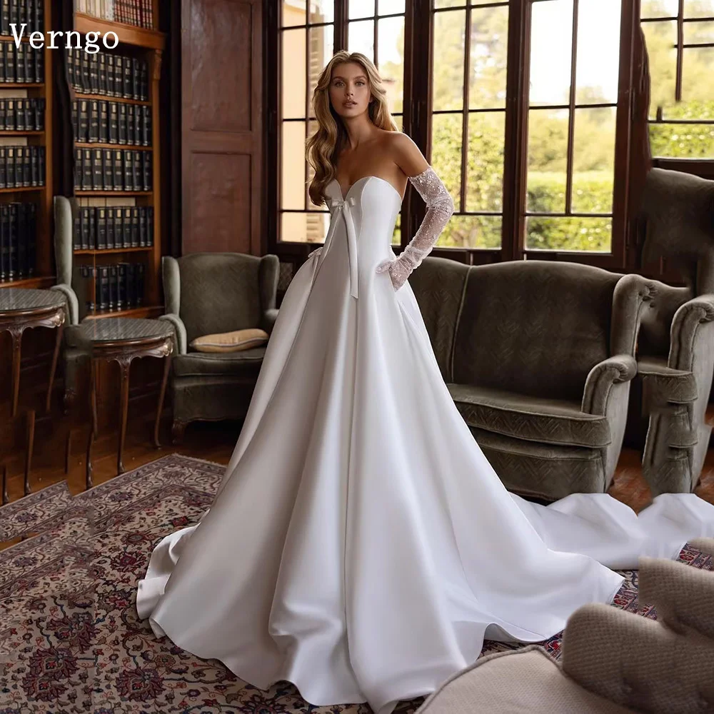 

Verngo lvory Crepe Wedding Dress Sweetheart A Line Zipper Bridal Gowns Simple Bow Backless Wedding Prom Gowns