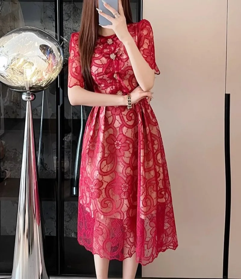 Bloemen Borduren Rode Kanten Jurk Vrouwen Elegante Runway Design Kleding Dame Vintage O-hals Streetwear Party Vestidos Bodycon