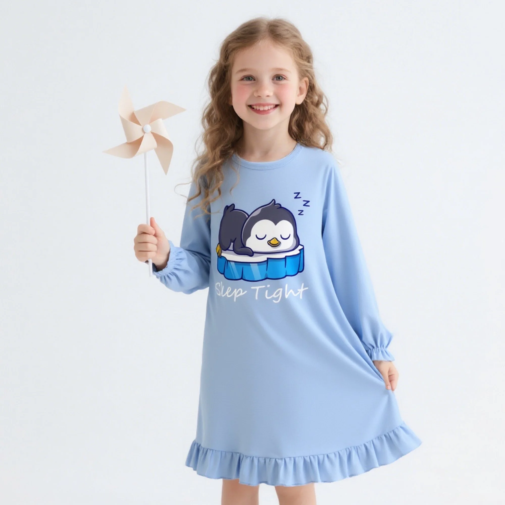 Little Hand Girls Pure Cotton Long Sleeve Nightgown Cartoon Animal Print Ruffle Hem Kids Sleep Dress Loungewear for 4-10 Years O