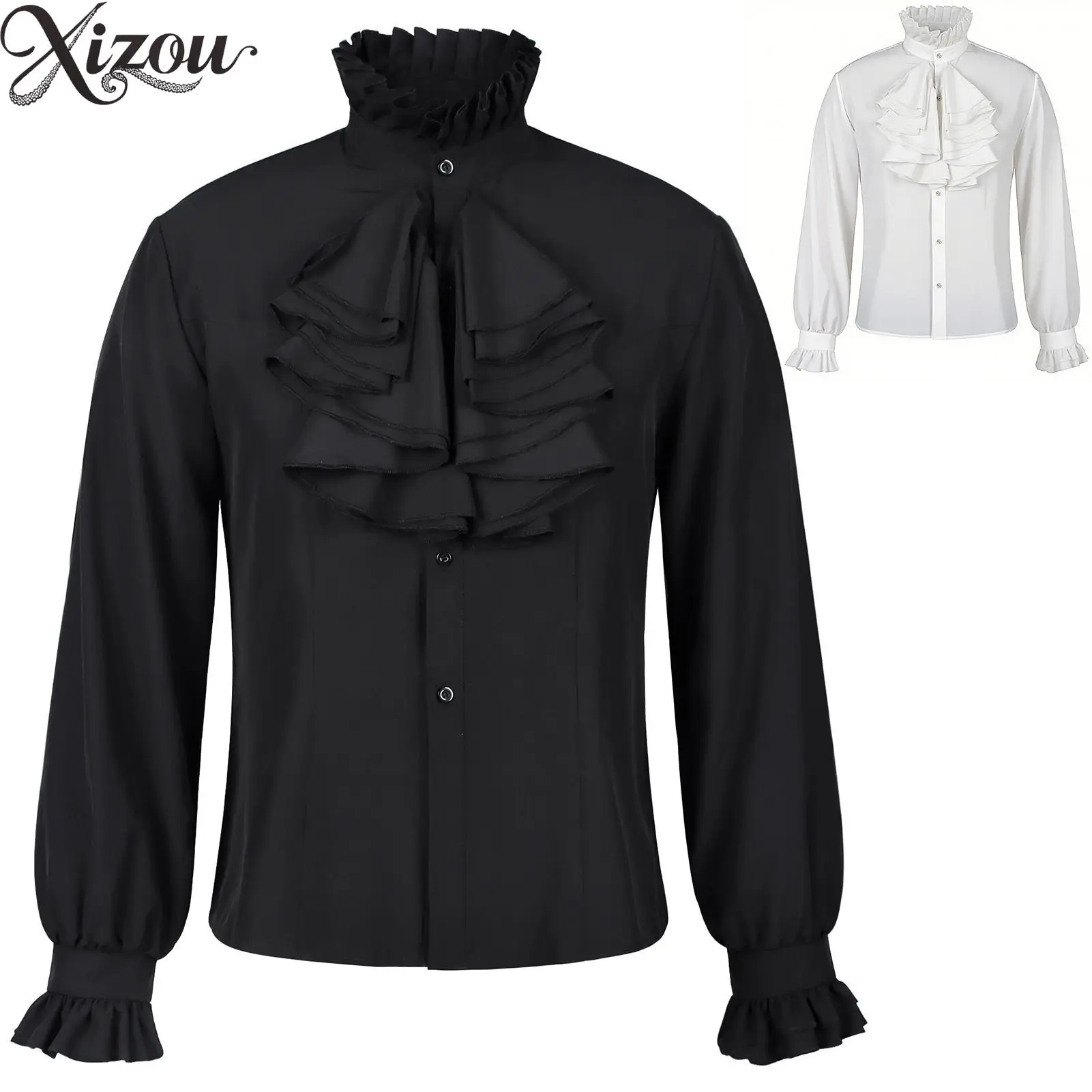 

Victorian Gothic Vampire Shirt Ruffle Jabot Tie Steampunk Medieval Stand Collar Pleated Cuffs Vintage Pirate Poet Top Halloween