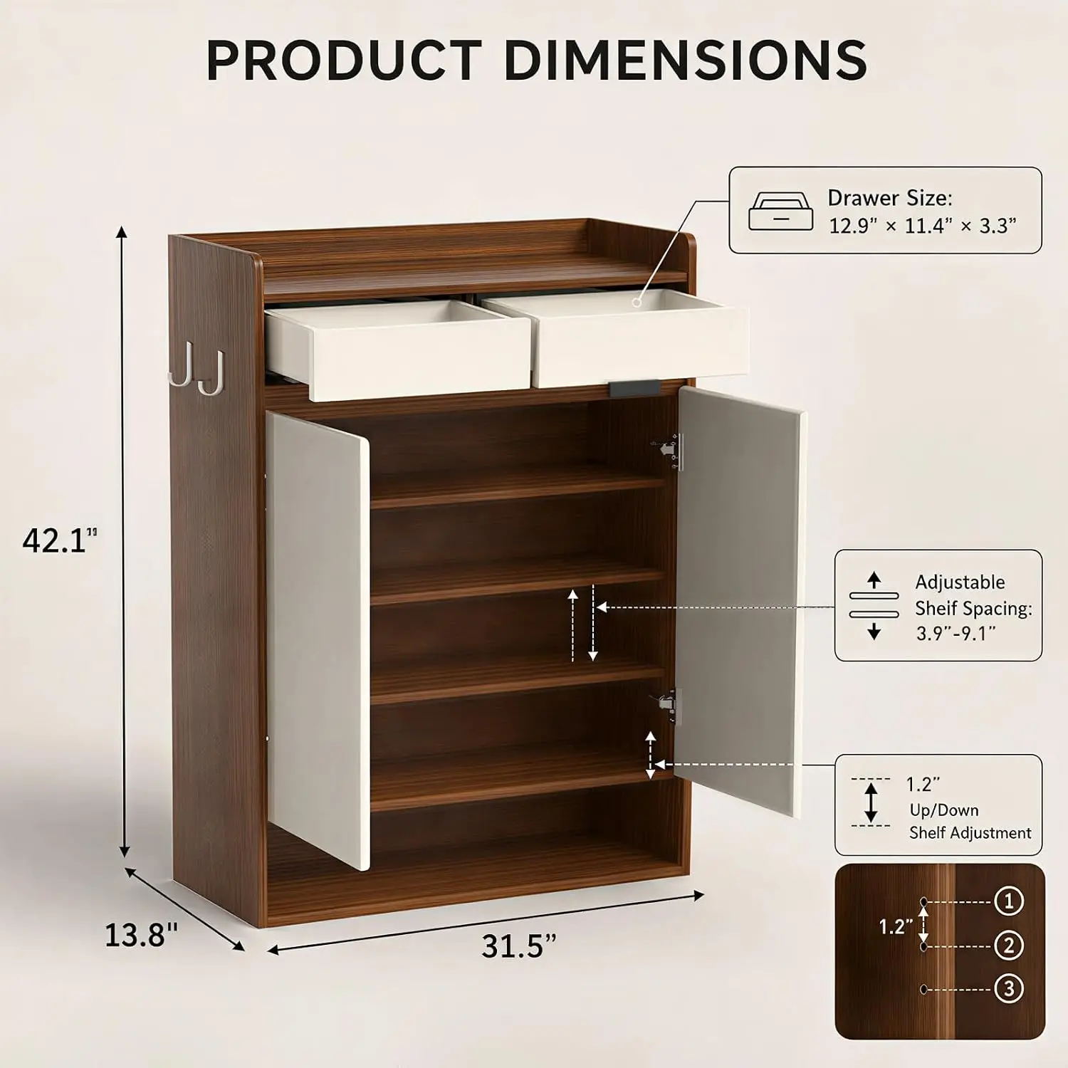 Shoe Cabinet Odor Control 2 Doors 2 Drawers Entryway Rounded Corners Anti-Tip Adjustable Shelves Spacious Top, Customized