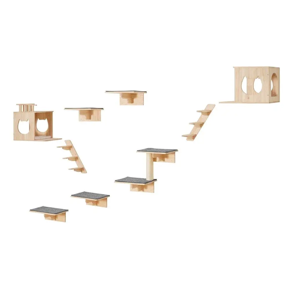 Wall Mounted Cat Tree with Multi-Level Shelves, Jumping Boards, Nests, and Hammock Set of 9