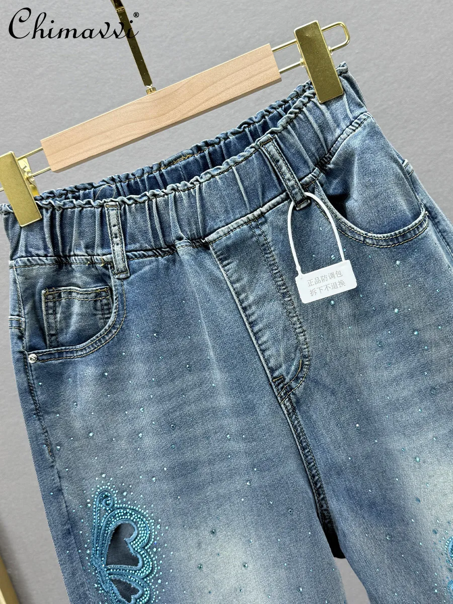 패션 할로우 핫 다이아몬드 데님 Harlan 바지 여성 봄, 여름 새로운 무거운 높은 허리 느슨한 슬림 맞는 9 점 바지