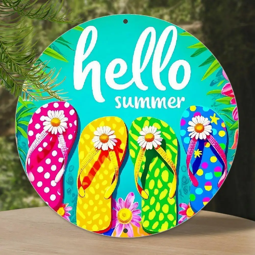 One Vintage Aluminum Round Sign Featuring a Cheerful Summer Theme with a Colorful Flip-Flop Design. This Durable Retro Wall Deco