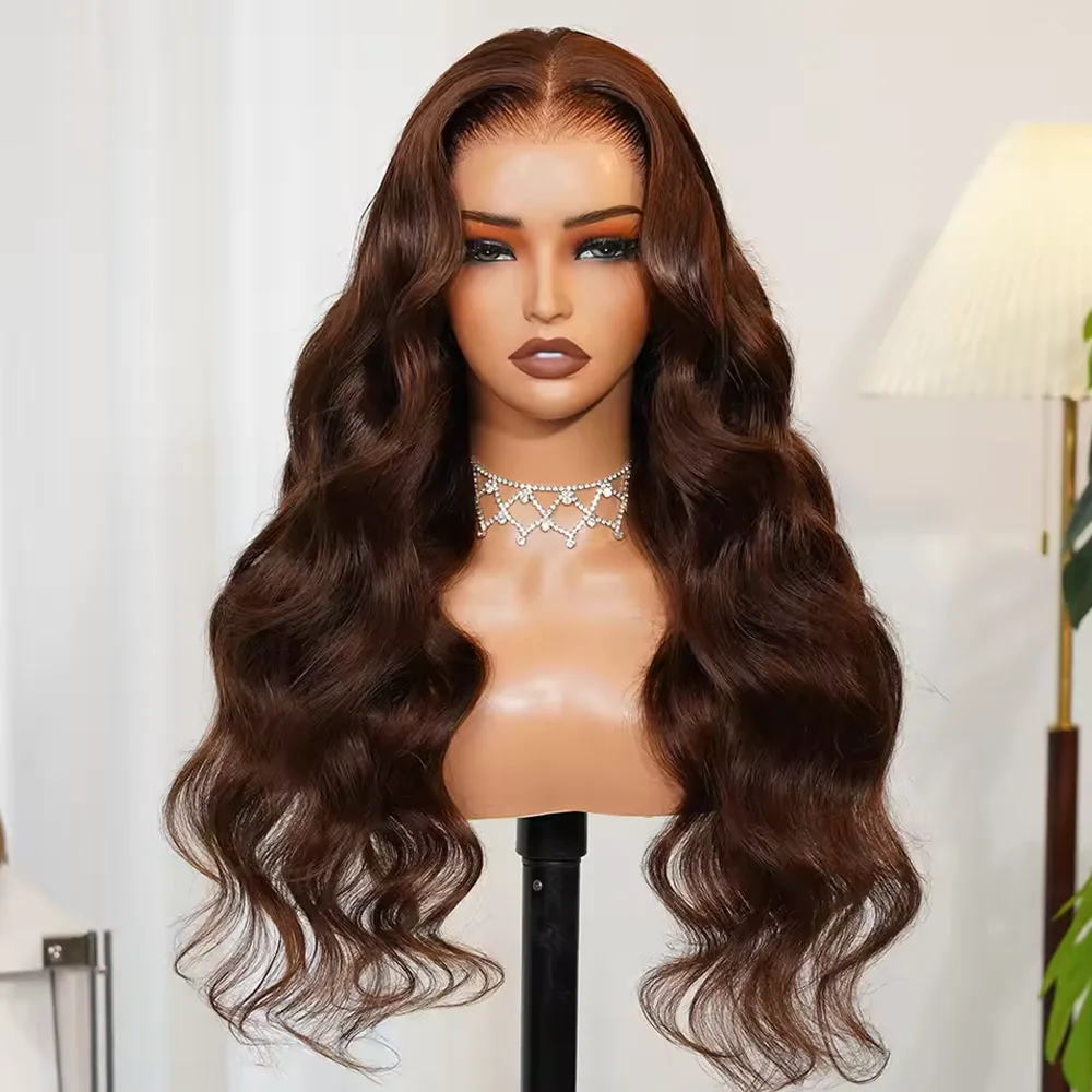 

34-дюймовый 4 # Парик из натуральных волос 13x4, шоколадно-коричневый, с кружевной передней частью, для женщин, парик 13x4 с HD-кружевом, волнистый, с предварительно выщипанными линиями роста волос